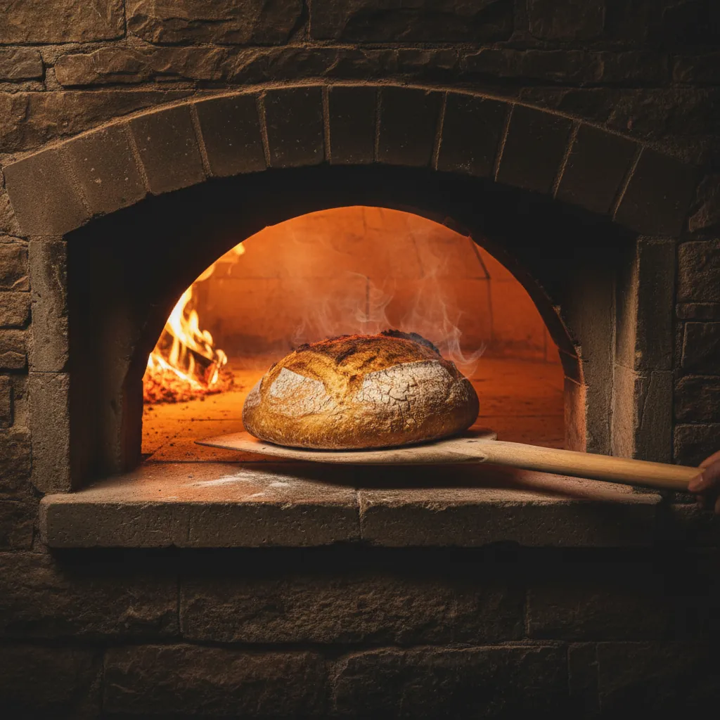 Goudkleurig brood uit een steenoven, warm licht van de oven